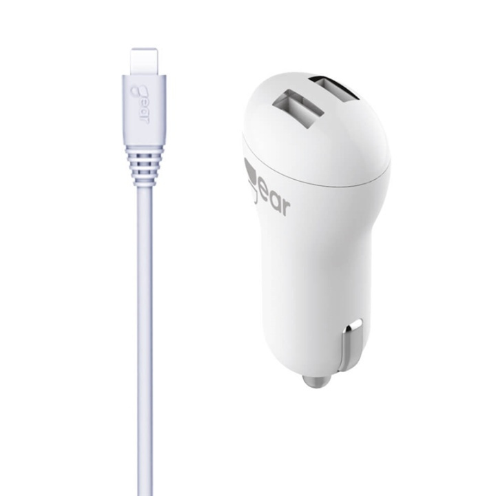 GEAR Lader 12-24V 2xUSB 2,4A Hvit MicroUSB Kabel Rund 1m i gruppen SMARTTELEFON & NETTBRETT / Ladere og Kabler / Billader / Billader microUSB hos TP E-commerce Nordic AB (38-66134)