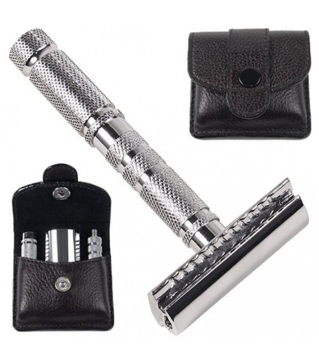 Parker A1-R 4 Piece Travel Safety Razor & Leather Pouch i gruppen HELSE OG SKJØNNHET / Hår & styling / Barbering og trimming / Barberhøvler og tilbehør hos TP E-commerce Nordic AB (38-70082)