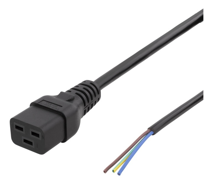 DELTACO C19 to open ended power cord, 2m, IEC C19, 10A, black i gruppen Datautstyr / Kabler og adaptere / elektriske kabler hos TP E-commerce Nordic AB (38-71608)