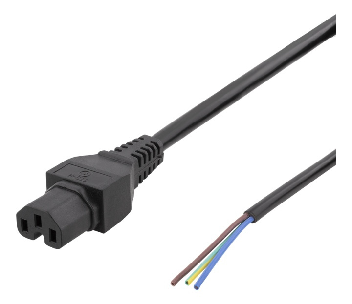 DELTACO C15 to open ended power cord, 2m, IEC C15, 10A, black i gruppen Datautstyr / Kabler og adaptere / elektriske kabler hos TP E-commerce Nordic AB (38-71611)