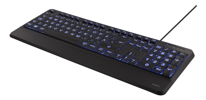 DELTACO Full-size big letter keyboard, blue LED backlight, USB, black i gruppen Datautstyr / Mus & Tastatur / Tastatur / Kablede hos TP E-commerce Nordic AB (38-71714)