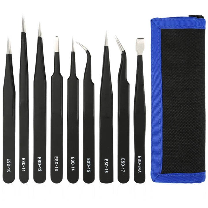 Tweezer kit, 9 pieces, ESD, black i gruppen Datautstyr / Datamaskin Tilbehør / Annet hos TP E-commerce Nordic AB (38-71833)