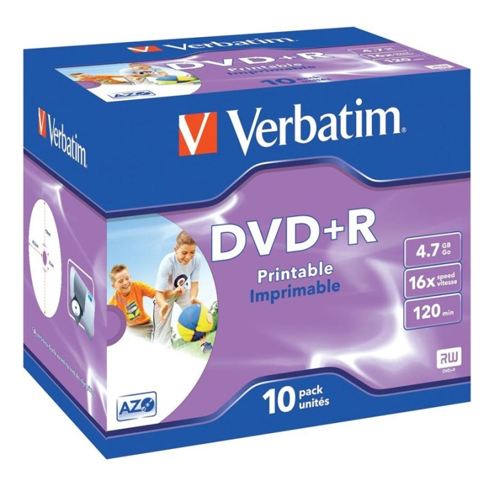 Verbatim DVD+R, 16x, 4,7 GB/120 min, 10-pk. jewel case, AZO, utskrivbar i gruppen Elektronikk / Lagringsmedia / CD/DVD/BD-plater / DVD+R hos TP E-commerce Nordic AB (38-72000)