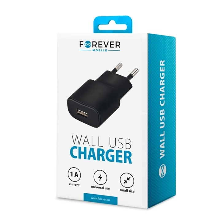 Forever väggladdare, USB-port, 1A, svart i gruppen SMARTTELEFON & NETTBRETT / Ladere og Kabler / Vegglader / Vegglader USB hos TP E-commerce Nordic AB (38-72501)