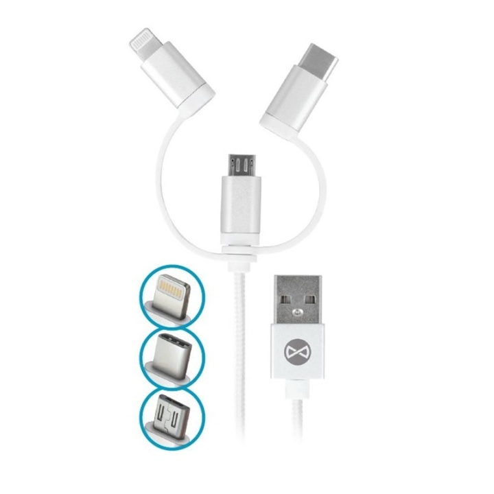 Forever USB 3-i-1-kabel, nylon, microUSB, USB for iPhone og USB type-C i gruppen SMARTTELEFON & NETTBRETT / Ladere og Kabler / Kabler / Kabler Lightning hos TP E-commerce Nordic AB (38-72597)