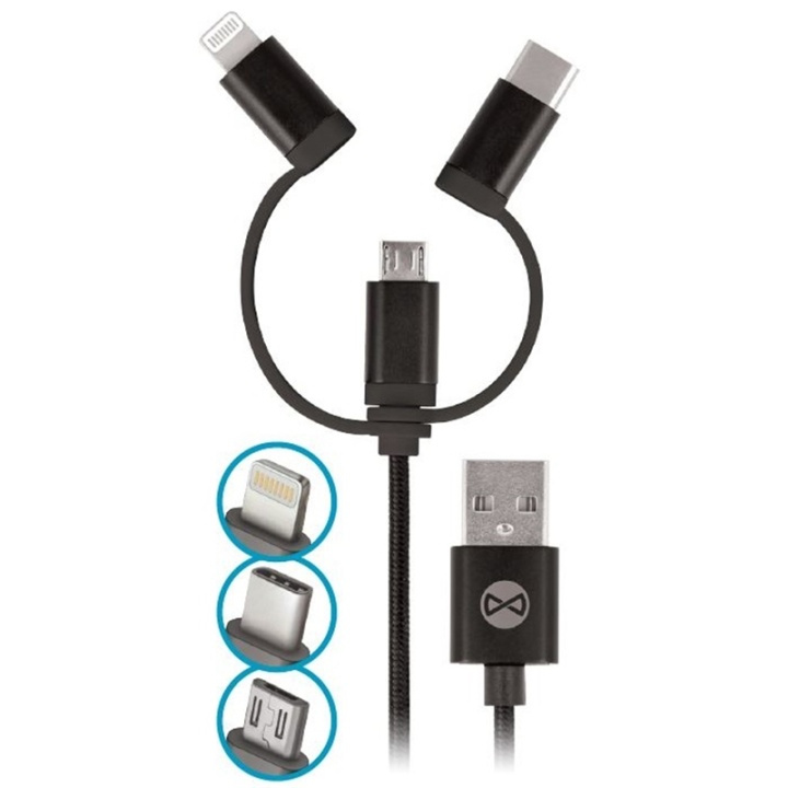 Forever 3in1 nylon microUSB + Lightning + USB typ-C Svart i gruppen SMARTTELEFON & NETTBRETT / Ladere og Kabler / Kabler / Kabler Lightning hos TP E-commerce Nordic AB (38-72598)