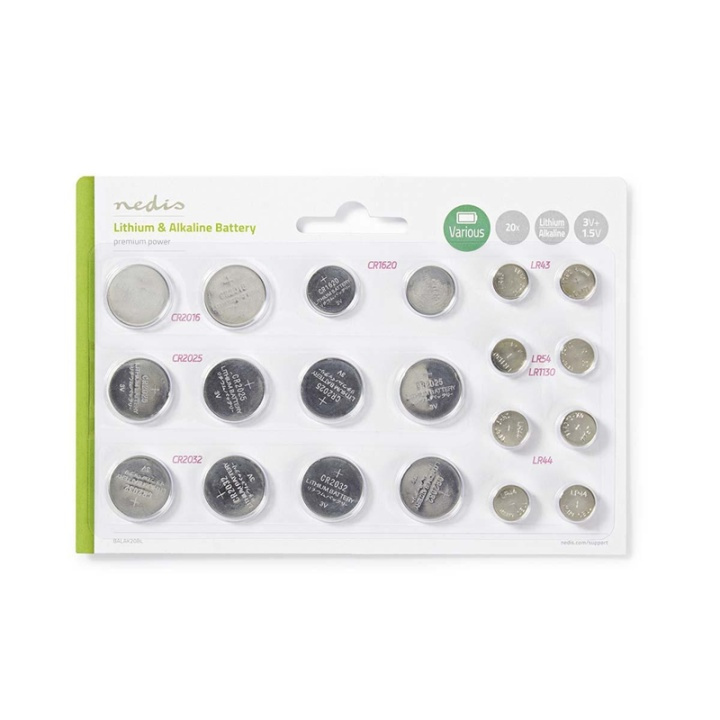Nedis Litium / Alkaline Button Cell Battery Multi Pack | 1.5 / 3 V DC | Alkalisk / Litium | CR1620 / CR2016 / CR2025 / CR2032 / LR43 / LR44 / LR54 | Antall batterier: 20 stk. | Blister Kort | Ulike enheter i gruppen Elektronikk / Batterier & Ladere / Batterier / knappcelle hos TP E-commerce Nordic AB (38-72976)