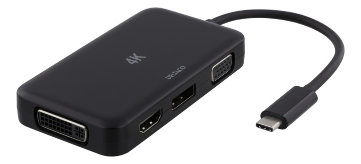 DELTACO USB-C to HDMI/DP/DVI/VGA adapter, 4K, DP Alt Mode, black i gruppen SMARTTELEFON & NETTBRETT / Ladere og Kabler / Adaptere hos TP E-commerce Nordic AB (38-74635)