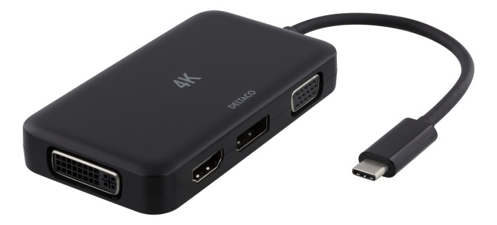 DELTACO USB-C til HDMI/DP/DVI/VGA-adapter, 4K, DP Alt-modus, svart i gruppen SMARTTELEFON & NETTBRETT / Ladere og Kabler / Adaptere hos TP E-commerce Nordic AB (38-74635)