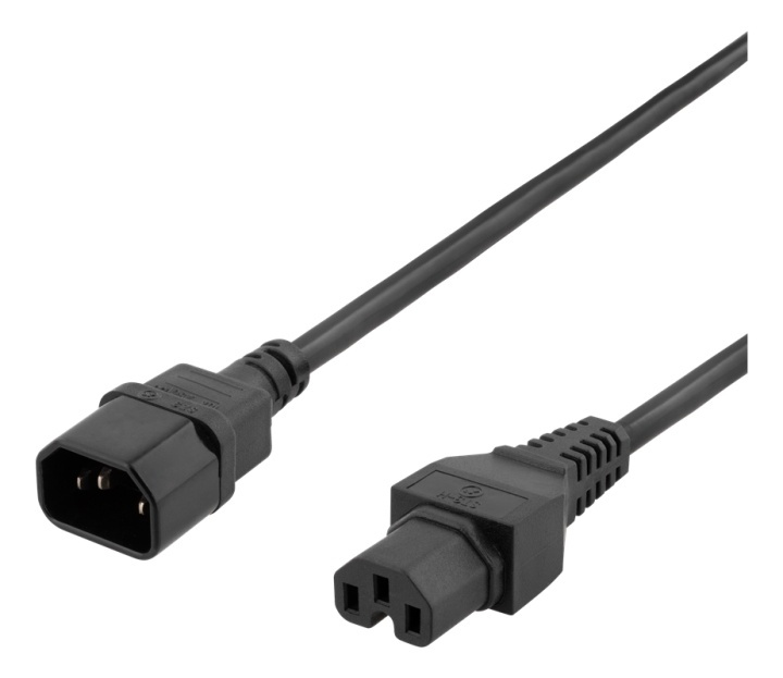 DELTACO 2m earthed cable IEC 6320 C15 - IEC 6320 C14, 250V/10A, black i gruppen Datautstyr / Kabler og adaptere / elektriske kabler hos TP E-commerce Nordic AB (38-74637)