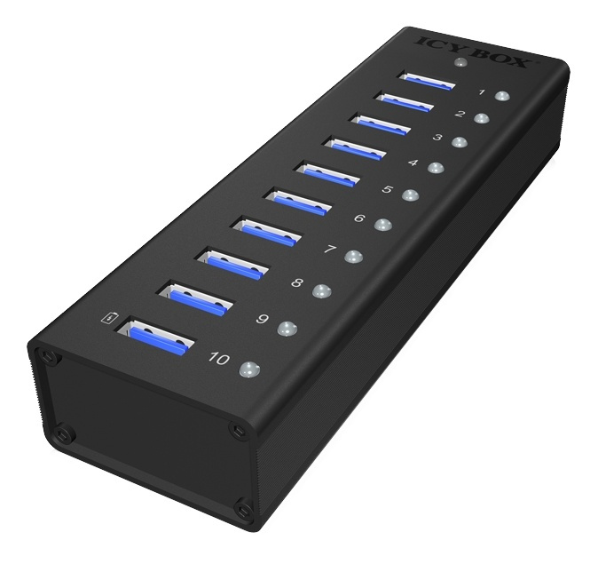 ICY BOX USB 3.0 Hub, 10 port, charging port, alu, w PSU i gruppen Datautstyr / Datamaskin Tilbehør / USB-Hubs hos TP E-commerce Nordic AB (38-74819)