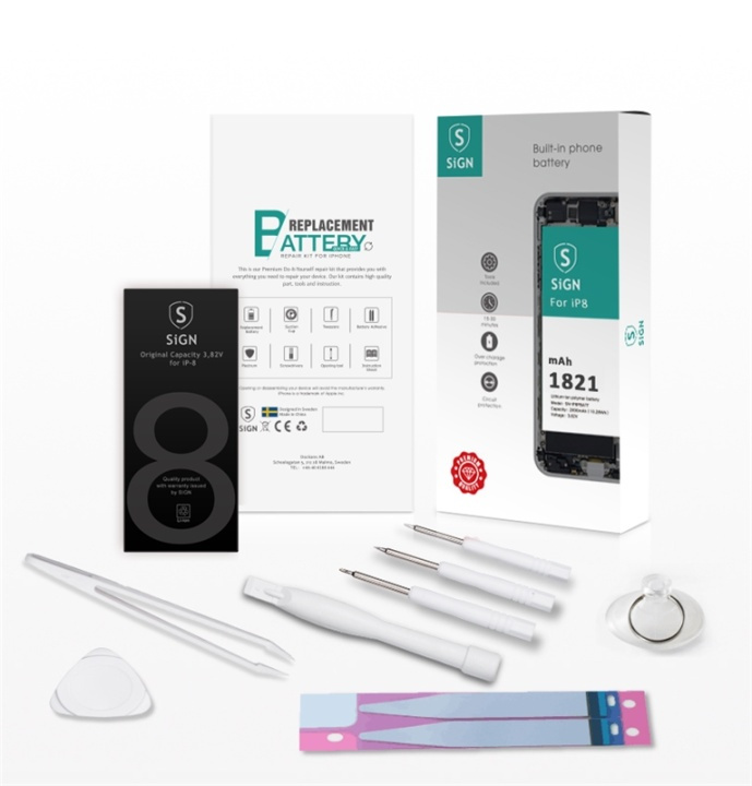 SiGN Komplett iPhone 8 batteribyttesett, 1821 mAh, komplett sett i gruppen SMARTTELEFON & NETTBRETT / Annet tilbehør / verktøy hos TP E-commerce Nordic AB (38-77320)
