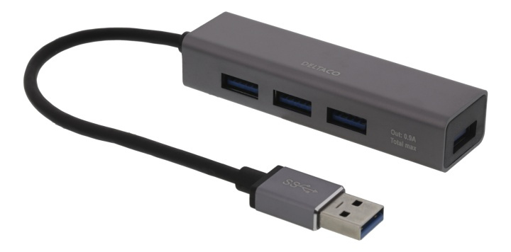 DELTACO USB-minihub med fire USB-A-porter, USB 3.1 Gen 1, mellomgrå i gruppen Datautstyr / Datamaskin Tilbehør / USB-Hubs hos TP E-commerce Nordic AB (38-78191)