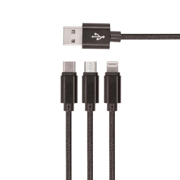 Setty 3i1 USB-kabel till microUSB/USB-C/Lightning, 1 m, Svart i gruppen SMARTTELEFON & NETTBRETT / Ladere og Kabler / Kabler / Kabler microUSB hos TP E-commerce Nordic AB (38-79027)