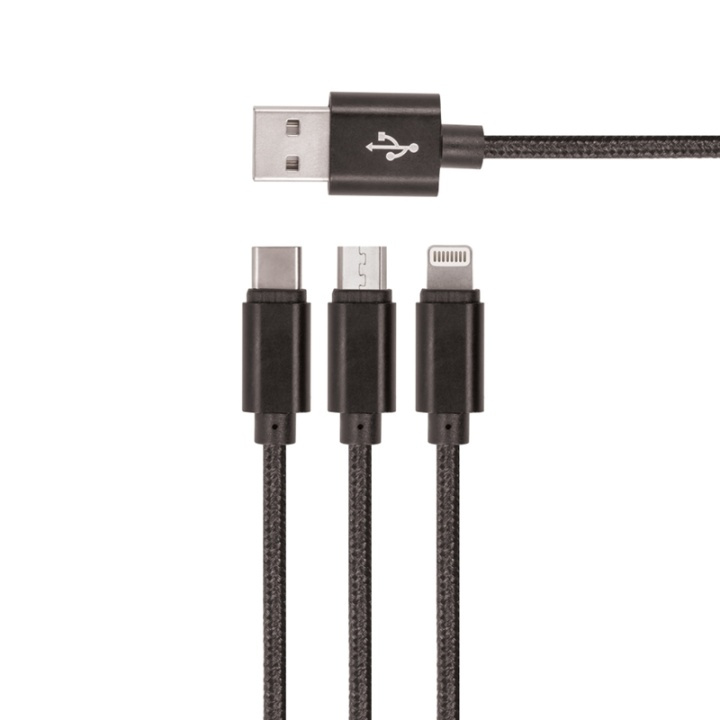 Setty 3in1 USB-kabel til microUSB/USB-C/Lightning, 1,2 m, svart i gruppen SMARTTELEFON & NETTBRETT / Ladere og Kabler / Kabler / Kabler microUSB hos TP E-commerce Nordic AB (38-79027)