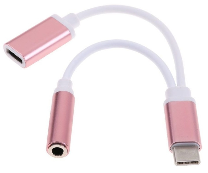 Dual Adapter USB-C til 3,5 mm jack og lading, Rosa i gruppen SMARTTELEFON & NETTBRETT / Ladere og Kabler / Adaptere hos TP E-commerce Nordic AB (38-80763)