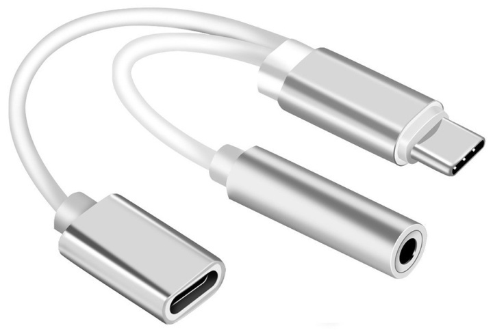 Dobbel adapter USB-C til 3,5 mm-kontakt og lading, sølv i gruppen SMARTTELEFON & NETTBRETT / Ladere og Kabler / Adaptere hos TP E-commerce Nordic AB (38-80765)