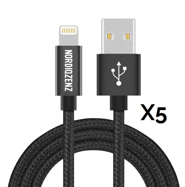 5-pk NORDIQZENZ lynkabel i tekstil, 1 m, svart i gruppen SMARTTELEFON & NETTBRETT / Ladere og Kabler / Kabler / Kabler Lightning hos TP E-commerce Nordic AB (38-81343PKT)