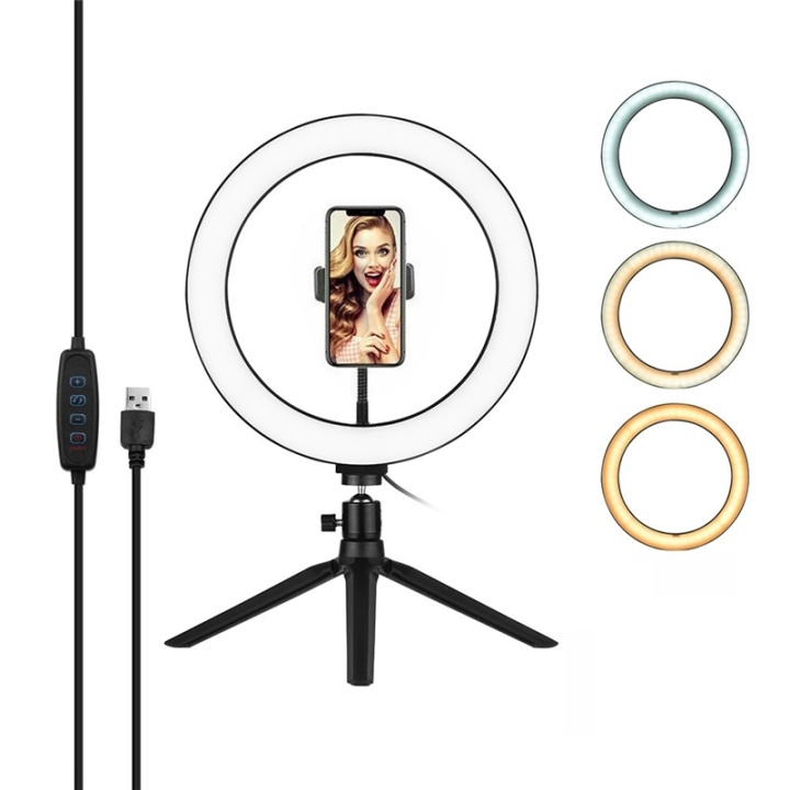 Selfielampa / Ring light, 26 cm med stativ och mobilhållare i gruppen Elektronikk / Foto og video / Fotograferingsutstyr / Ring light hos TP E-commerce Nordic AB (38-81640)