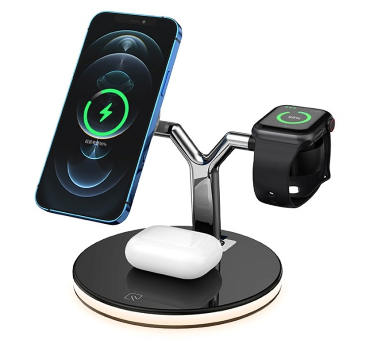 Trådløst 3 i 1 magnetisk ladestativ med lys, svart/krom i gruppen SMARTTELEFON & NETTBRETT / Ladere og Kabler / Trådløs lader QI hos TP E-commerce Nordic AB (38-82829)