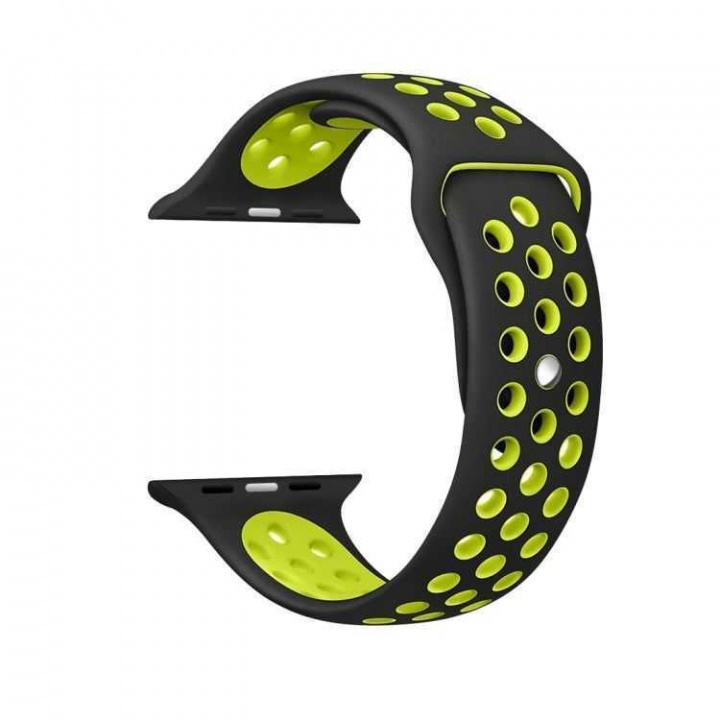 Sporty silikonklokkerem kompatibel med Apple Watch, 42/44 mm, svart og gul i gruppen SPORT, FRITID & HOBBY / Smartwatch og Aktivitetsmålere / Tilbehør hos TP E-commerce Nordic AB (38-83697)