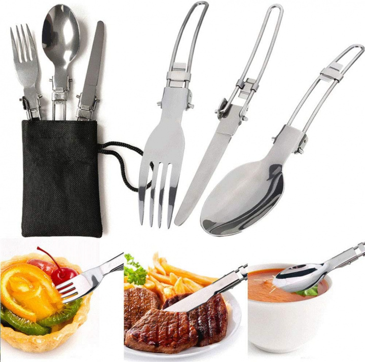 Kjøkkenredskapssett for camping rustfritt stål i tre deler, kniv, gaffel, skje