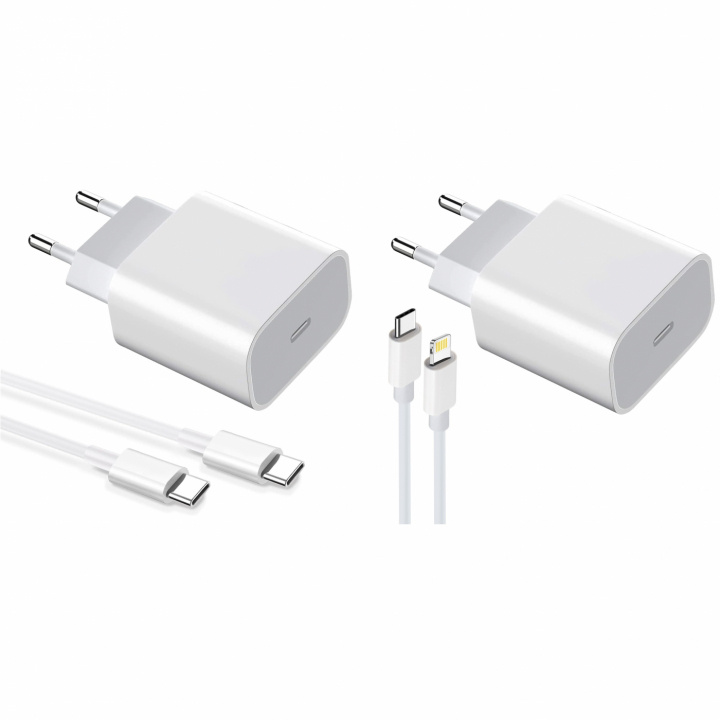 2-paks lader for iPhone / Android 20W med USB-C til Lightning og USB-C - Hurtiglader i gruppen SMARTTELEFON & NETTBRETT / Ladere og Kabler / Vegglader / Vegglader Type C hos TP E-commerce Nordic AB (38-84294)