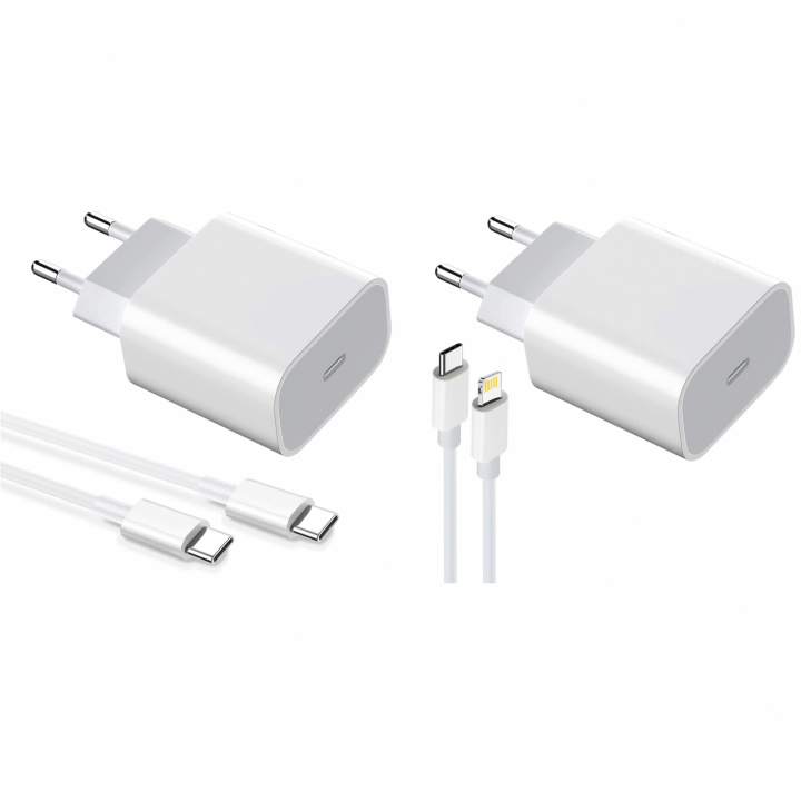 2-pakningslader for iPhone/Android 20W med USB-C til Lightning og USB-C - hurtiglader i gruppen SMARTTELEFON & NETTBRETT / Ladere og Kabler / Vegglader / Vegglader Type C hos TP E-commerce Nordic AB (38-84294)