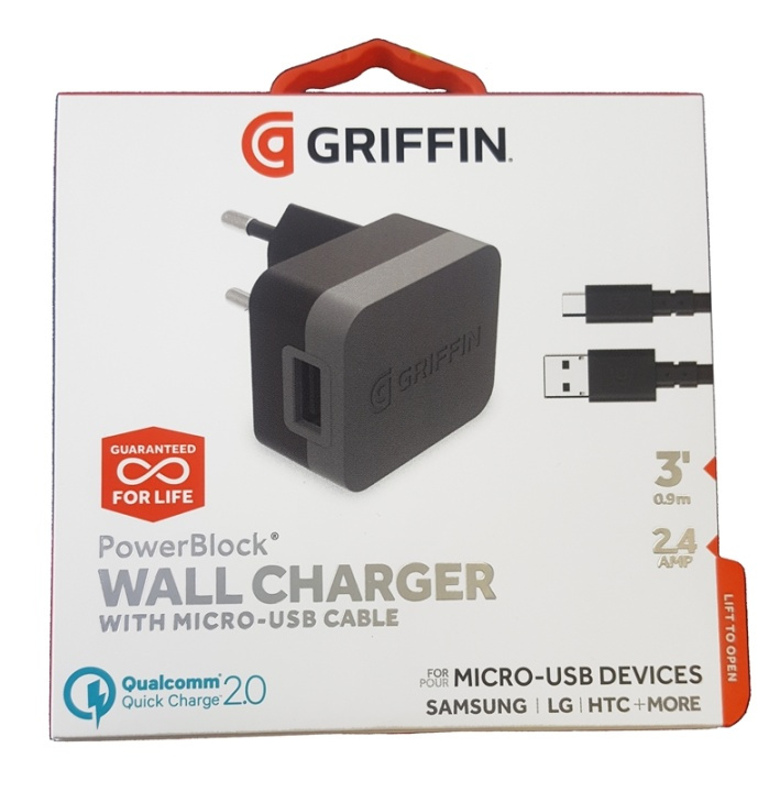 Griffin USB, Universal väggladdare, Micro USB kabel, 2.4AMP i gruppen SMARTTELEFON & NETTBRETT / Ladere og Kabler / Vegglader / Vegglader microUSB hos TP E-commerce Nordic AB (38-84563)