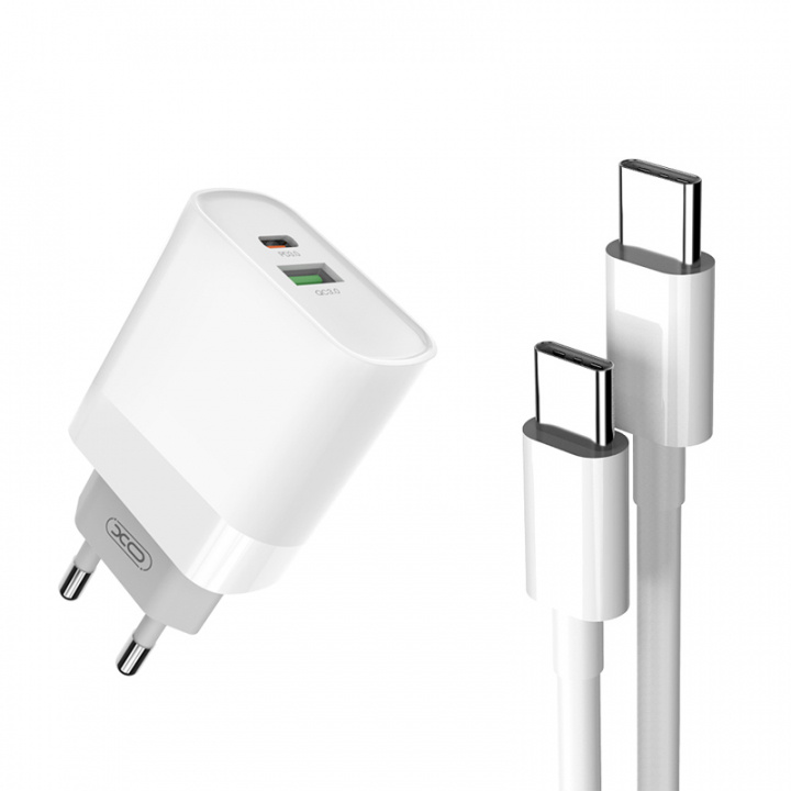 XO vegglader L64 PD QC3.0 20W 2x USB hvit + USB-C - USB-C-kabel i gruppen SMARTTELEFON & NETTBRETT / Ladere og Kabler / Vegglader / Vegglader Type C hos TP E-commerce Nordic AB (38-86680)