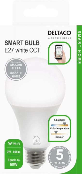 DELTACO Smart LED-lampe E27, WiFi, dimbar, kald/varm hvit i gruppen Elektronikk / Lys / LED-lys hos TP E-commerce Nordic AB (38-86758)