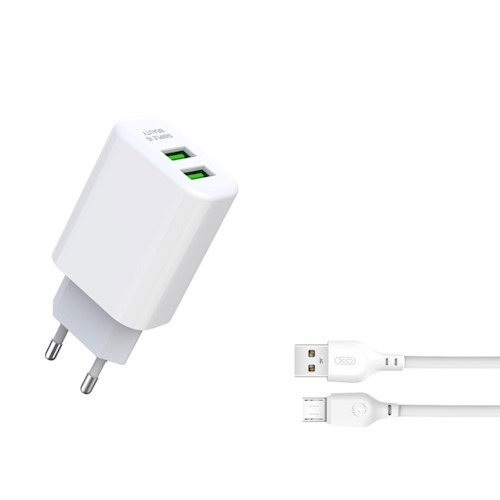 XO wall charger L85C 2x USB 2,4A + microUSB cable, White i gruppen SMARTTELEFON & NETTBRETT / Ladere og Kabler / Vegglader / Vegglader microUSB hos TP E-commerce Nordic AB (38-86984)