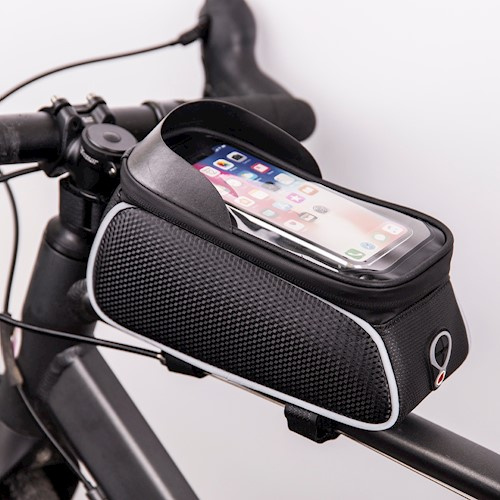 Vanntett sykkelrammeveske og telefonholder med skjerm, svart/hvit i gruppen SPORT, FRITID & HOBBY / Sportsutstyr / Sykkeltilbehør / Annet sykkeltilbehør hos TP E-commerce Nordic AB (38-86992)