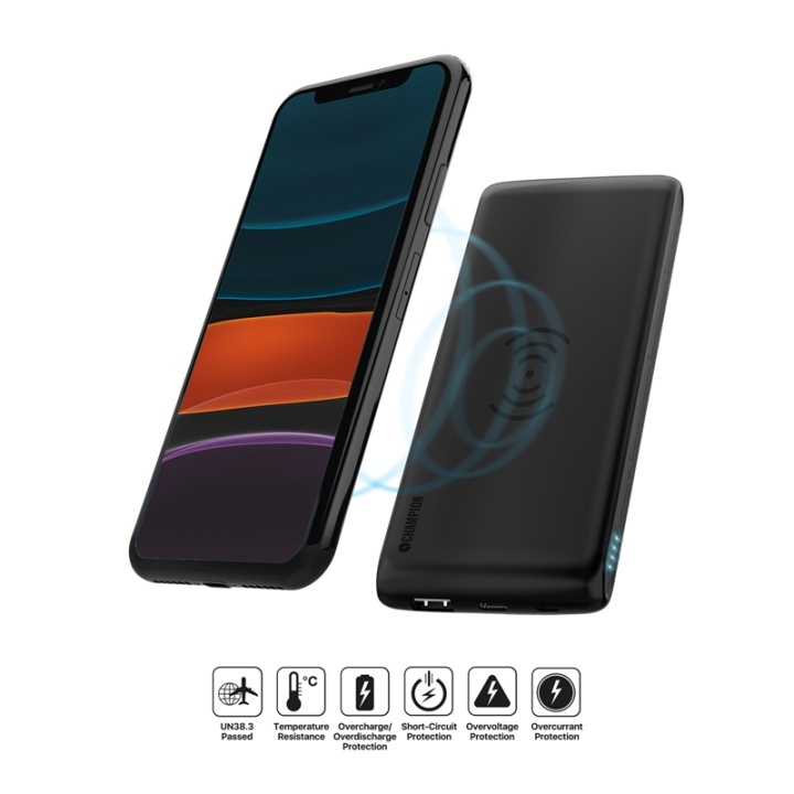 Champion PowerBank 10000 mAh 12W + trådløs lading i gruppen SMARTTELEFON & NETTBRETT / Ladere og Kabler / Powerbanks hos TP E-commerce Nordic AB (38-87166)