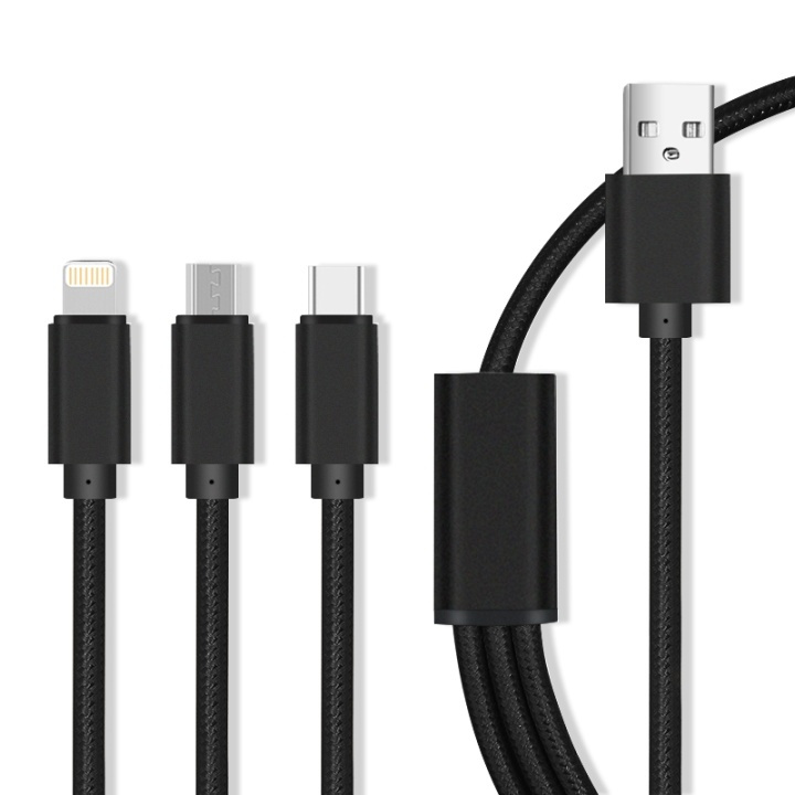 3-i-1 USB-kabel for hurtiglading - microUSB/USB-C/Lightning (2.1A), svart i gruppen SMARTTELEFON & NETTBRETT / Ladere og Kabler / Kabler / Kabler microUSB hos TP E-commerce Nordic AB (38-90058)