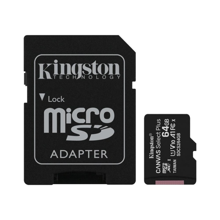 Kingston Canvas Select Plus - microSDXC 64 GB, klasse 10, UHS-I, 100 MB/s + adapter i gruppen Elektronikk / Lagringsmedia / Minnekort / MicroSD/HC/XC hos TP E-commerce Nordic AB (38-92723)