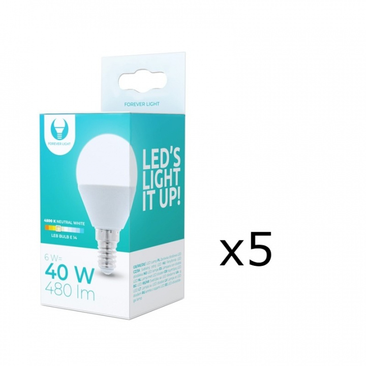 LED-pære E14, G45, 6W, 4500K 5-pakning, hvit nøytral i gruppen Elektronikk / Lys / LED-lys hos TP E-commerce Nordic AB (38-92772-PKT05)
