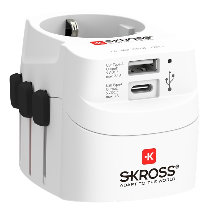 SKROSS PRO Light USB (AC), 3-polet reiseadapter, 1x USB-A, 1x USB-C i gruppen Datautstyr / Kabler og adaptere / USB / USB-C hos TP E-commerce Nordic AB (38-93569)