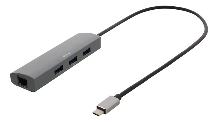 DELTACO USB-C hub and network adapter, USB-C, RJ45, 3x USB-A 3.0 i gruppen Datautstyr / Nettverk / Nettverkskort / USB hos TP E-commerce Nordic AB (38-93645)