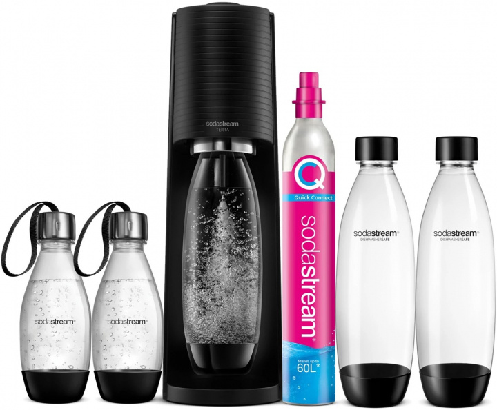Sodastream TERRA kullsyremaskin med fem flasker og patron, svart i gruppen HJEM, HUS OG HAGE / Husholdningsapparater / Vann og juice / Kullsyremaskin / Maskiner hos TP E-commerce Nordic AB (38-94345)