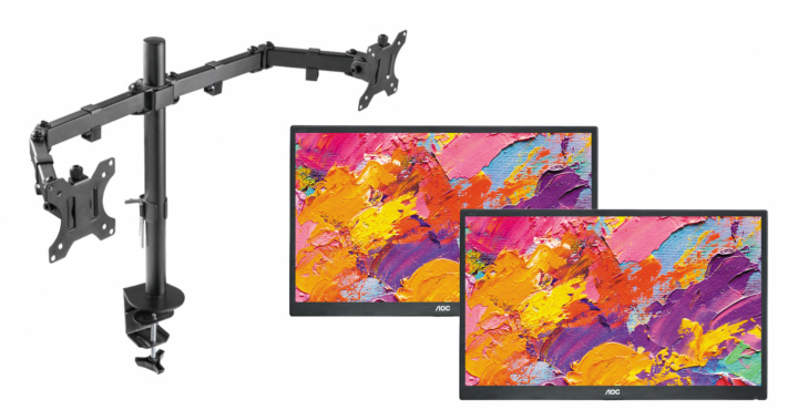 Dual-monitor skrivbordsfäste och två skärmar från AOC - Pre-owned, Klass A i gruppen Datautstyr / Dataskjerm / Skjermarmer og fester hos TP E-commerce Nordic AB (38-94854)