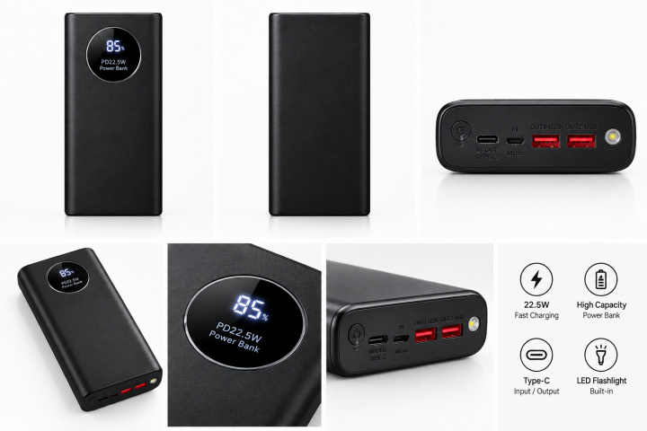 Powerbank with 20000 mAh and digital display, black i gruppen SMARTTELEFON & NETTBRETT / Ladere og Kabler / Powerbanks hos TP E-commerce Nordic AB (38-94871)