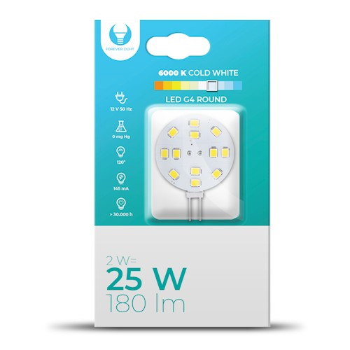 Forever Light LED-lampe G4, rund, 2W, 12V, 6000k, 180lm i gruppen Elektronikk / Lys / LED-lys hos TP E-commerce Nordic AB (38-95867)
