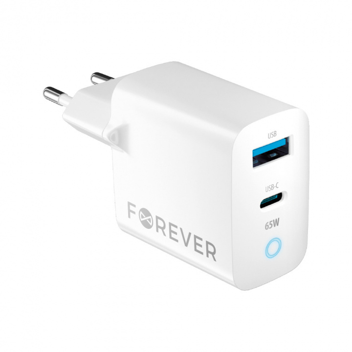 Forever GaN TC-06-65AC PD QC charger 1x USB-C 1x USB 65W white i gruppen SMARTTELEFON & NETTBRETT / Ladere og Kabler / Vegglader / Vegglader USB hos TP E-commerce Nordic AB (38-96940)