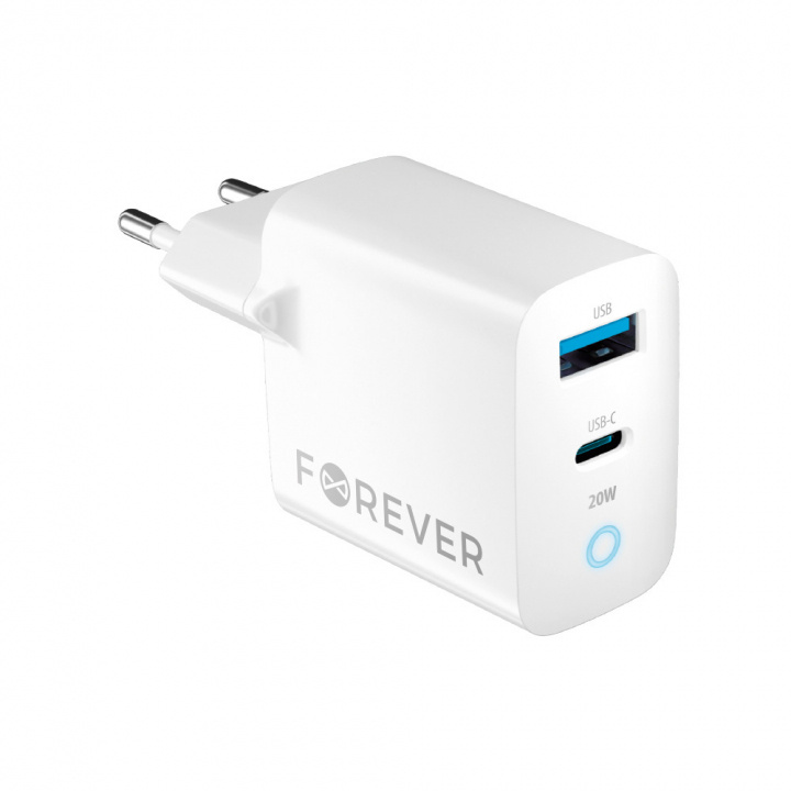 Forever TC-06-20AC PD QC vegglader 1x USB-C 1x USB 20W i gruppen SMARTTELEFON & NETTBRETT / Ladere og Kabler / Vegglader / Vegglader USB hos TP E-commerce Nordic AB (38-96941)