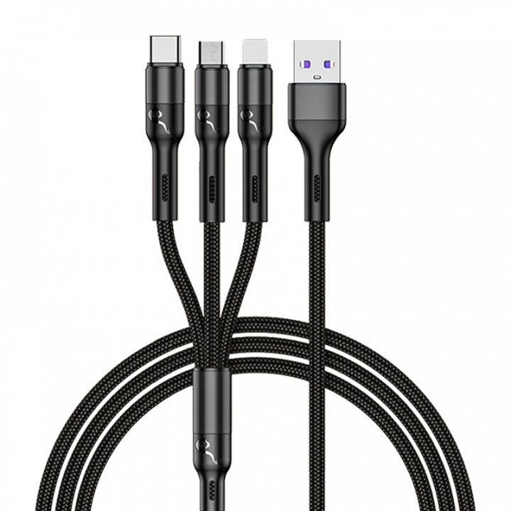 3-i-1-kabel USB-A til USB-C/Lightning/Micro-USB, 1 m, svart i gruppen SMARTTELEFON & NETTBRETT / Ladere og Kabler / Kabler / Kabler type C hos TP E-commerce Nordic AB (38-96974)