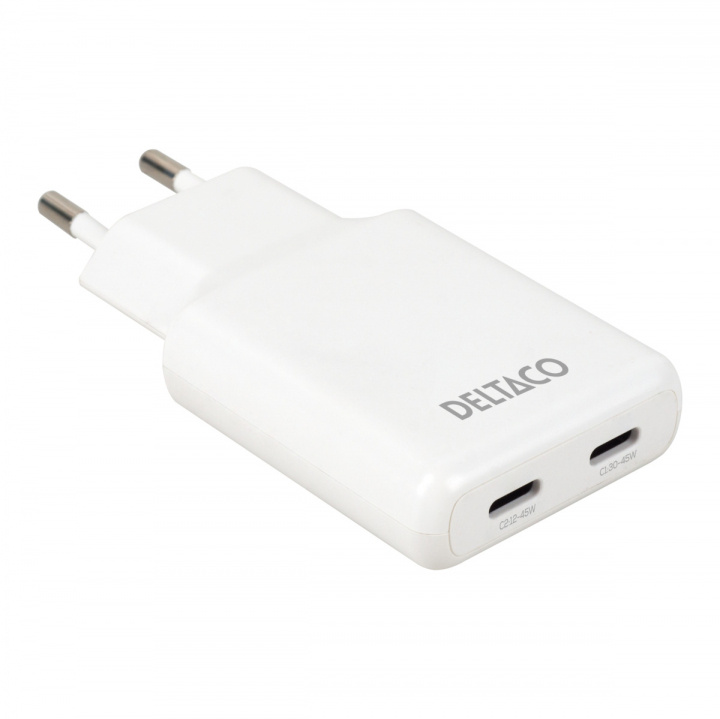 DELTACO USB-C väggladdare 45 W, 2x USB-C PD, slimmad storlek, total effekt 45 W i gruppen SMARTTELEFON & NETTBRETT / Ladere og Kabler / Vegglader / Vegglader Type C hos TP E-commerce Nordic AB (38-97683)