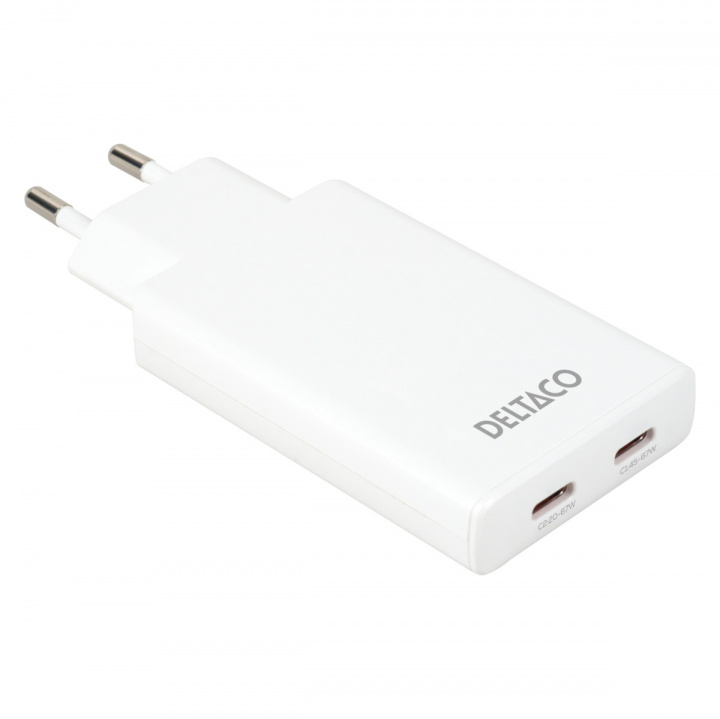 DELTACO USB-C väggladdare 67 W, 2x USB-C PD, slimmad storlek, total effekt 67 W i gruppen SMARTTELEFON & NETTBRETT / Ladere og Kabler / Vegglader / Vegglader Type C hos TP E-commerce Nordic AB (38-97684)