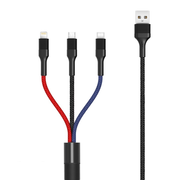 XO NB54, 3i1 USB - Lightning, USB-C, microUSB Laddkabel (3A) 1,2m i gruppen SMARTTELEFON & NETTBRETT / Ladere og Kabler / Kabler / Kabler microUSB hos TP E-commerce Nordic AB (38-99054)