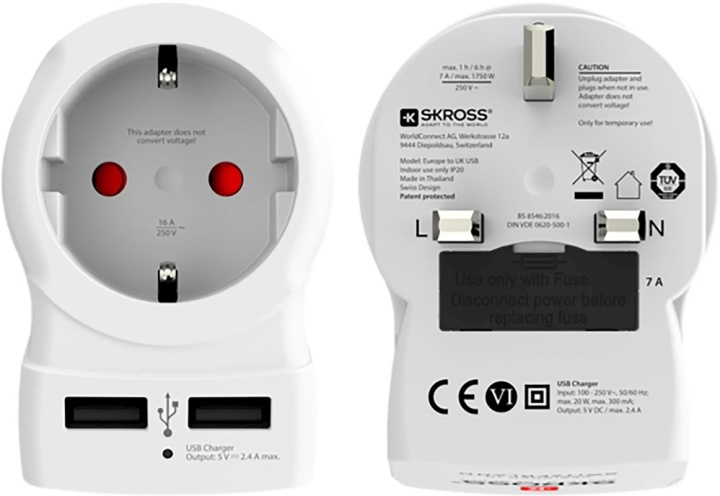 Skross reseadapter för Storbritannien med USB i gruppen HJEM, HUS OG HAGE / El og belysning / Reiseadaptere hos TP E-commerce Nordic AB (38-99265)